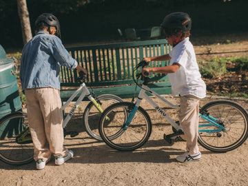 Biky single-speed and geared kids bikes with young riders 